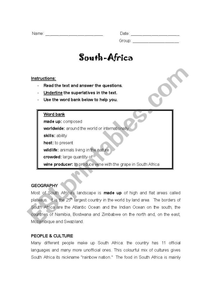 Reading Comprehension On South Africa ESL Worksheet By Clo G Reading