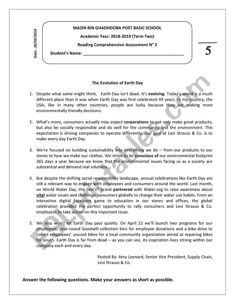 Reading Comprehension The Evolution Of Earth Day ESL Worksheet By Aws02