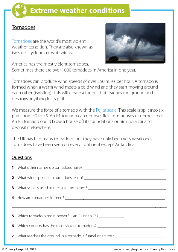 Reading Comprehension Tornadoes Weather Worksheets Weather Lessons 