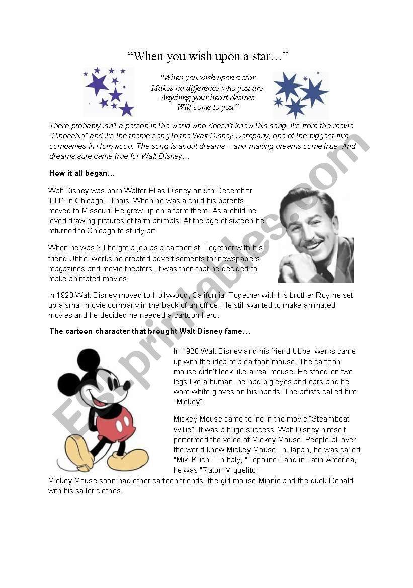 Reading Comprehension Walt Disney ESL Worksheet By Bienke