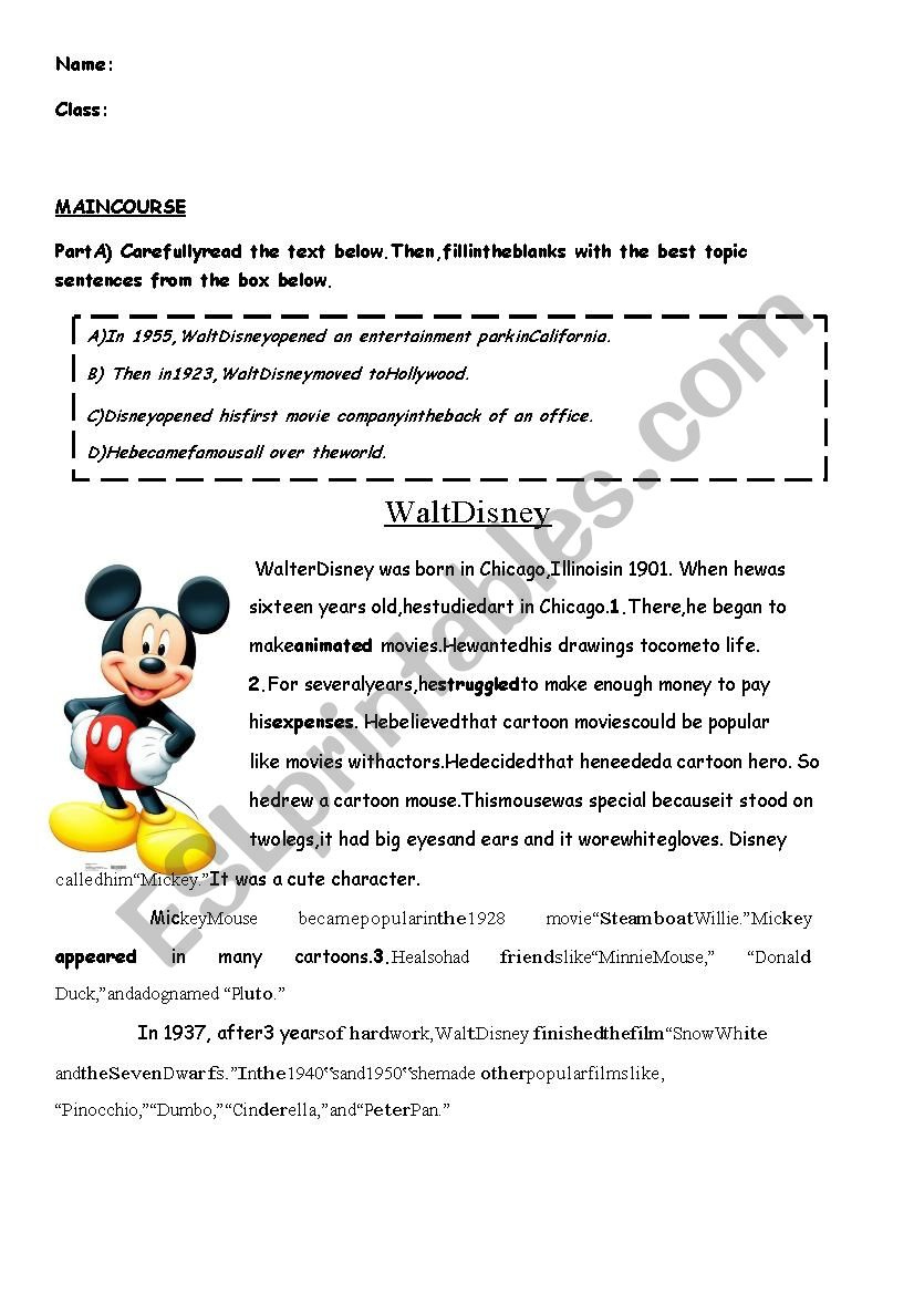 Reading Comprehension Walt Disney ESL Worksheet By Seloshh