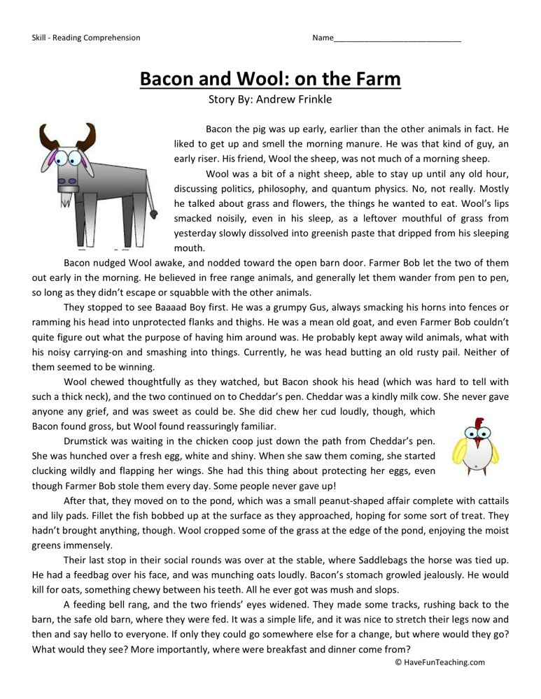 Reading Comprehension Worksheet Bacon And Wool On The Farm