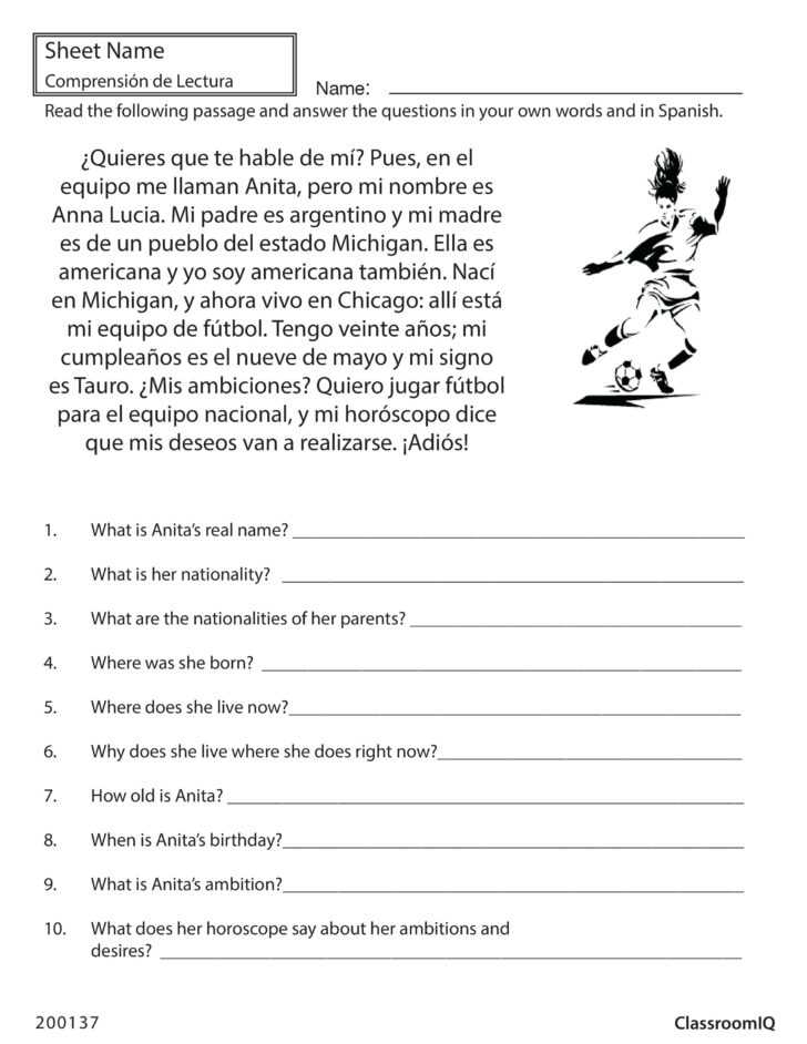 Basic Spanish Reading Comprehension Worksheets