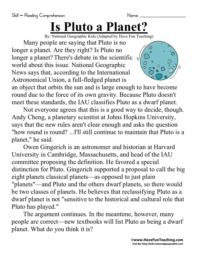 Reading Comprehension Worksheet Is Pluto A Planet 