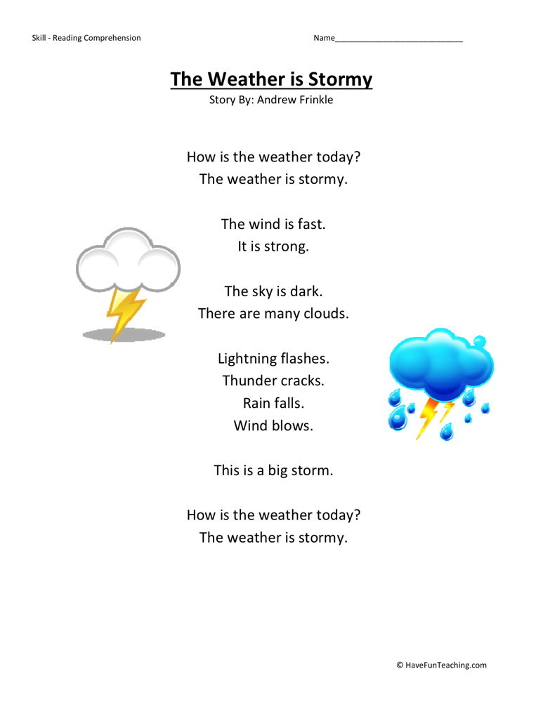 Reading Comprehension Worksheet Weather Is Stormy