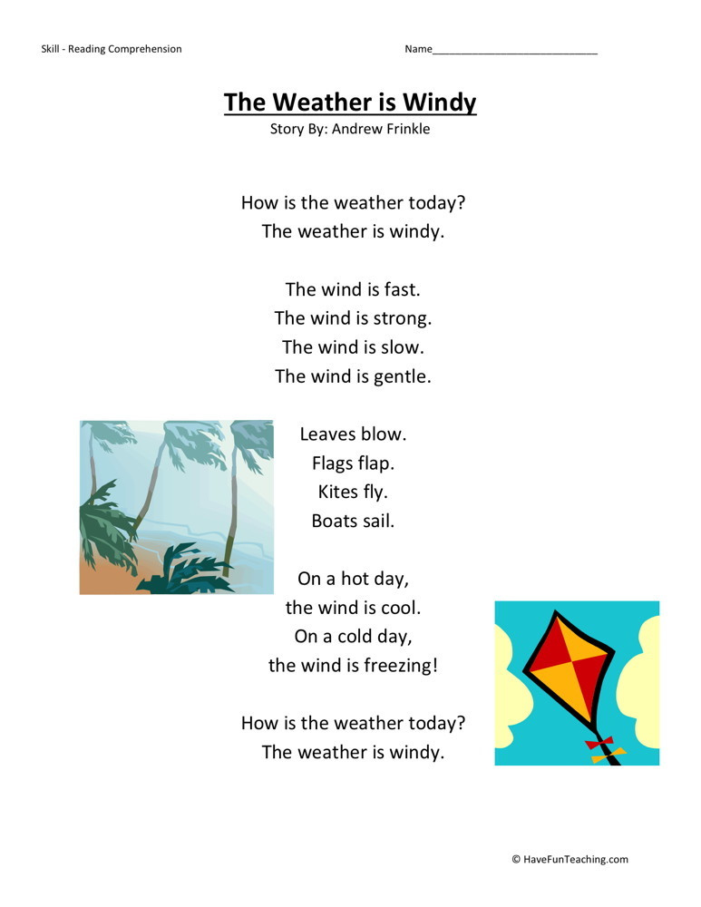 Reading Comprehension Worksheet Weather Is Windy
