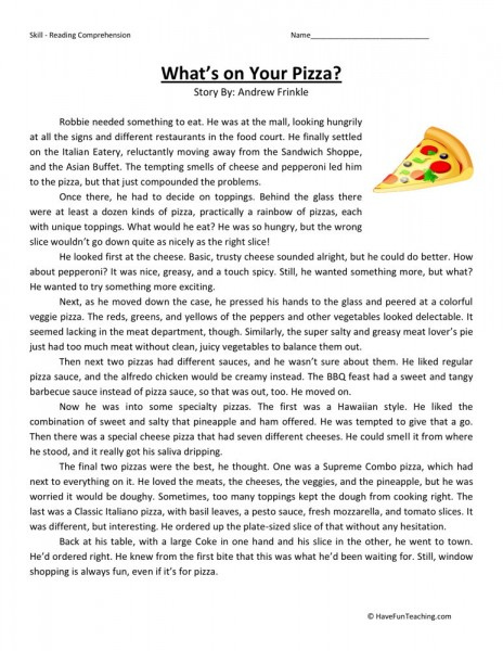 Reading Comprehension Worksheet What s On Your Pizza 