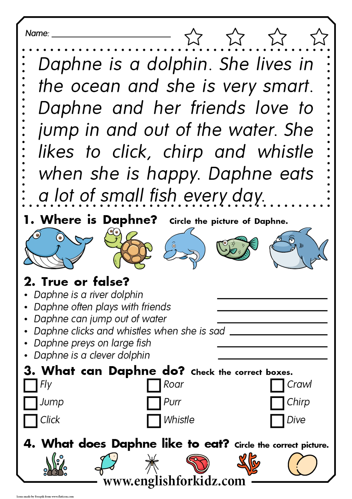 Reading Comprehension Worksheets Daphne The Dolphin