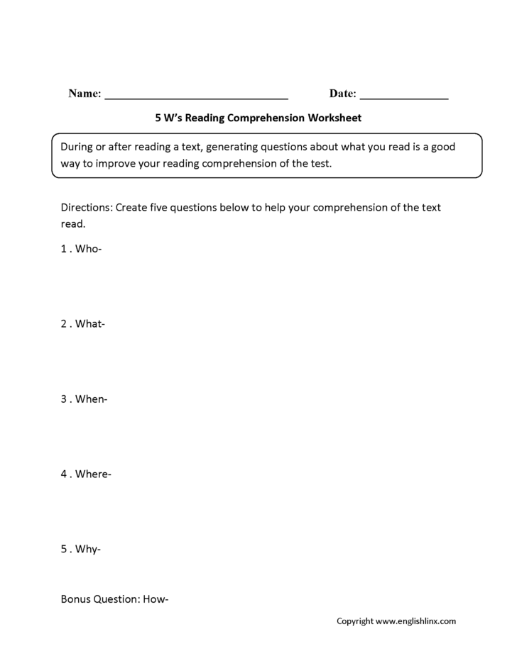 5 W’s Reading Comprehension Worksheet