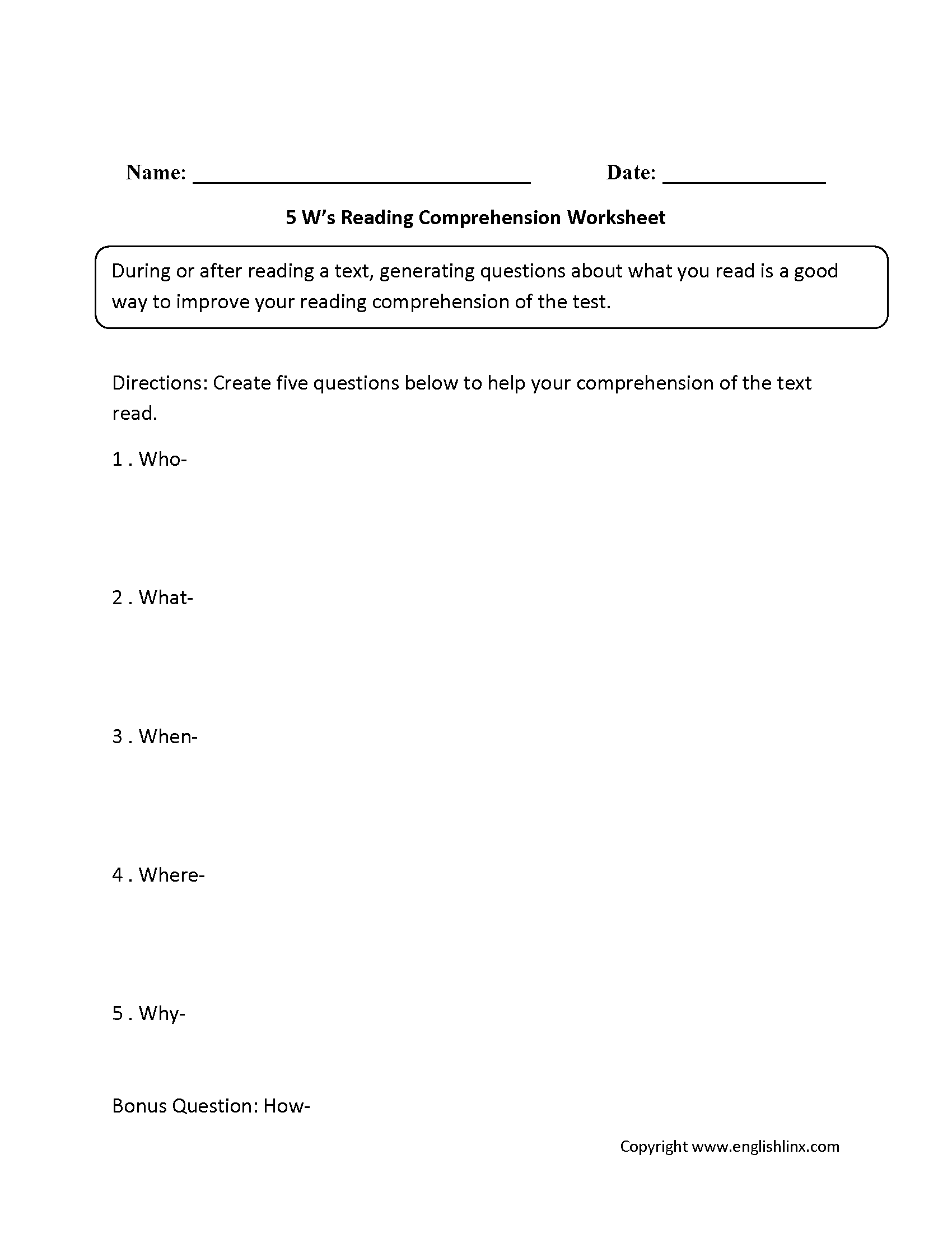 Reading Comprehension Worksheets Five W s Reading Comprehension 