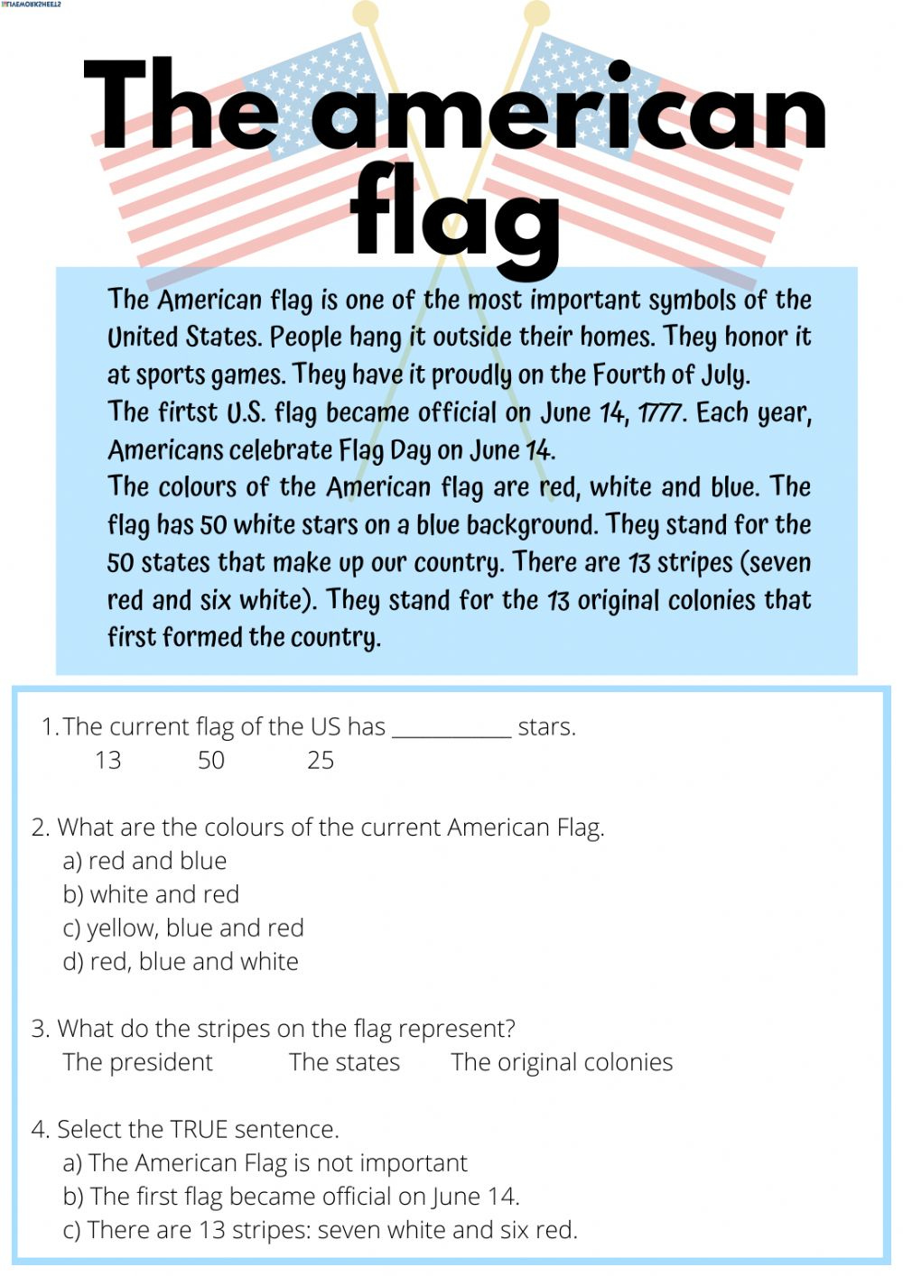 Reading The American Flag Worksheet