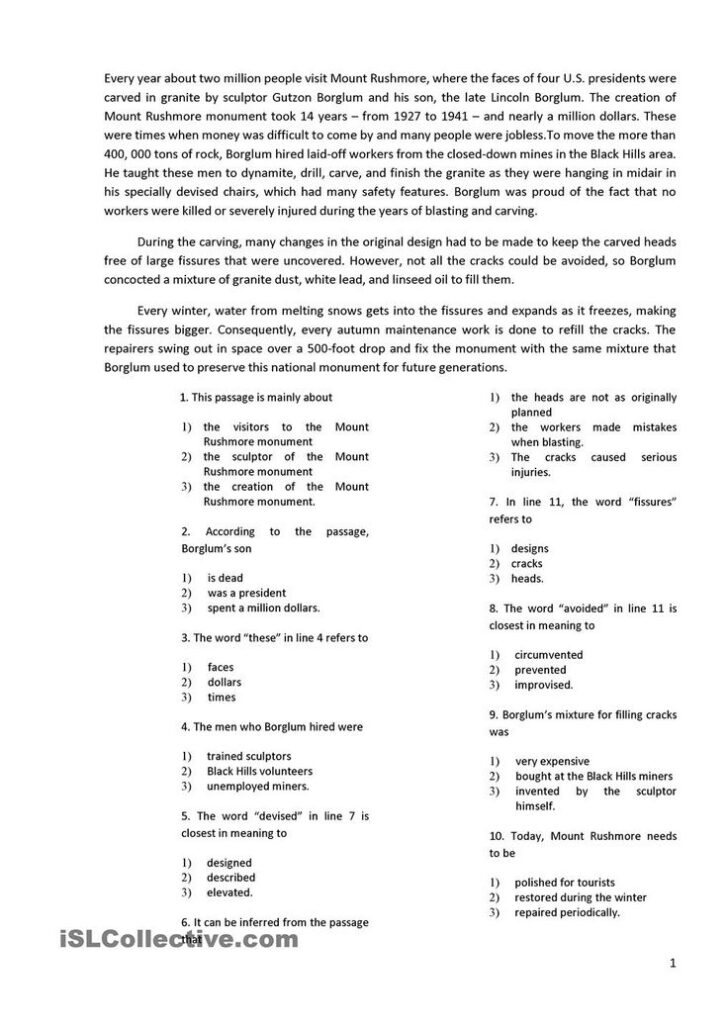 Reading Comprehension Multiple Choice Worksheets