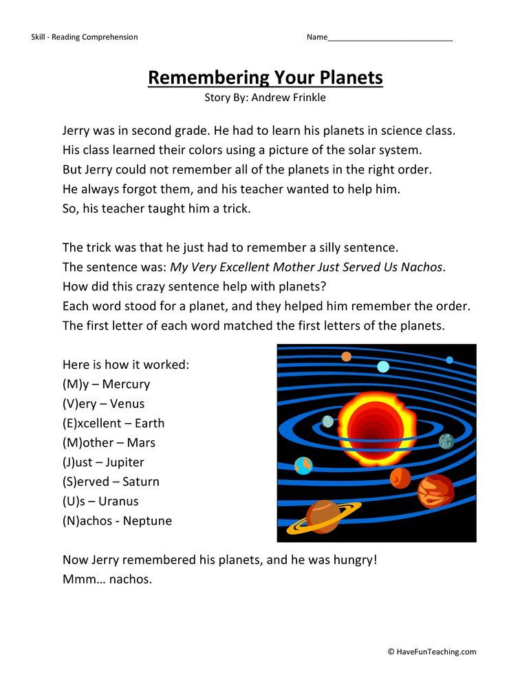 Remembering Your Planets Reading Comprehension Worksheet Reading 