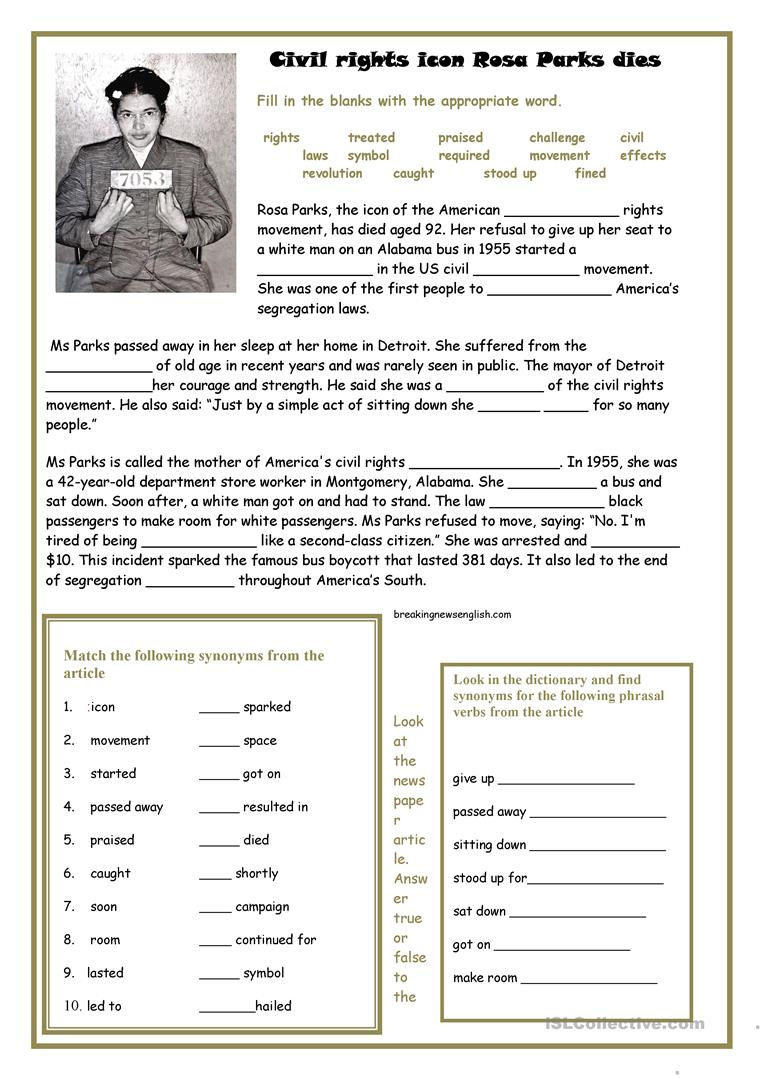 Rosa Parks English ESL Worksheets For Distance Learning And Physical 