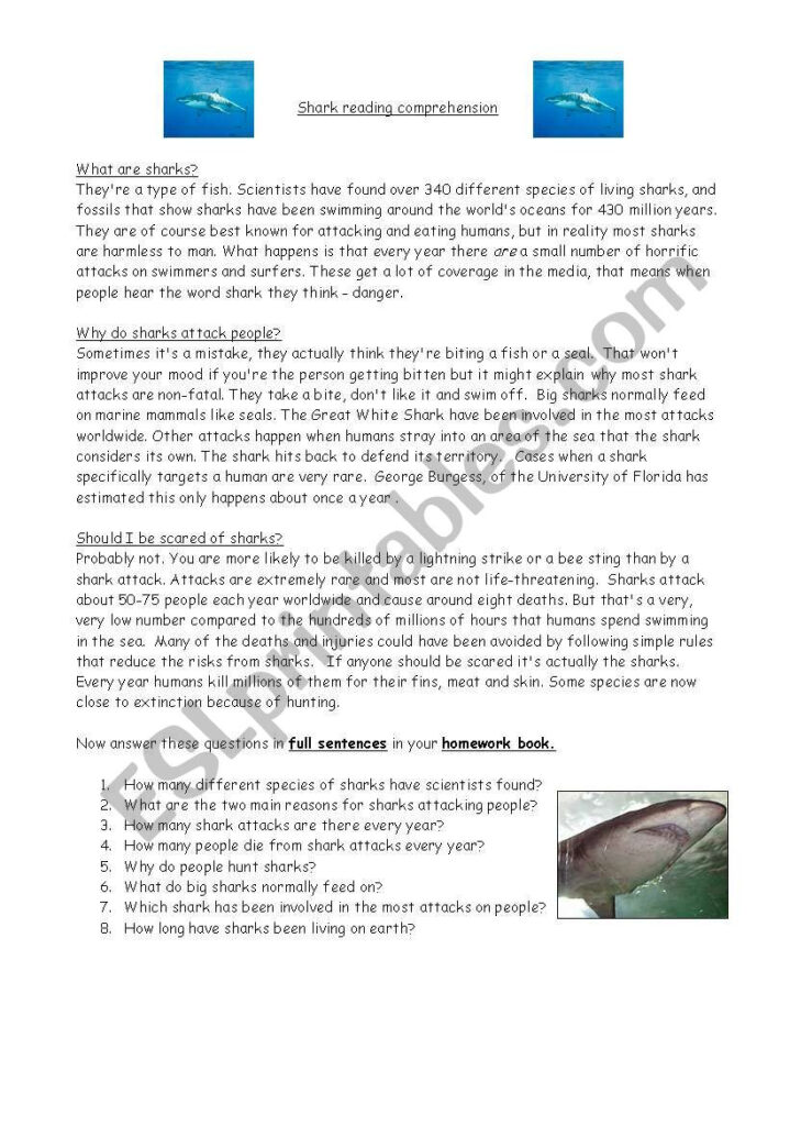 Shark Reading Comprehension ESL Worksheet By Glindoneimer | Reading