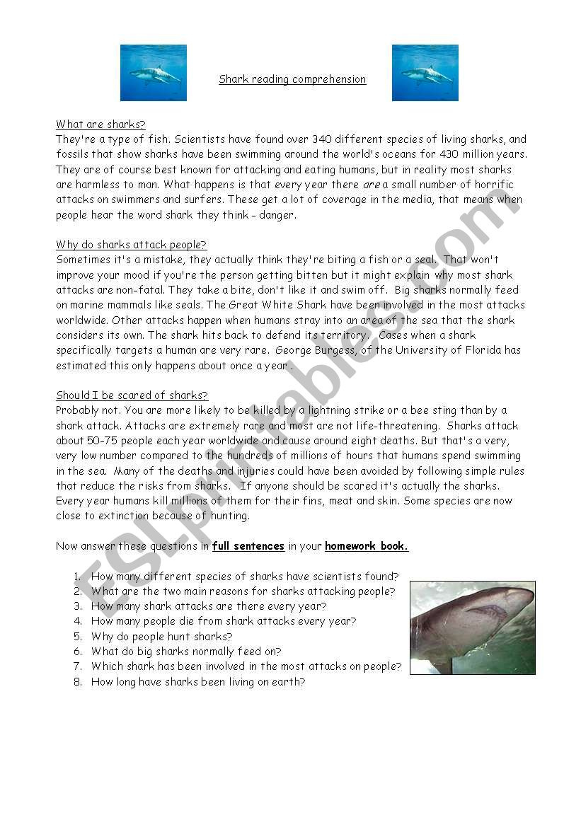 Shark Reading Comprehension ESL Worksheet By Glindoneimer