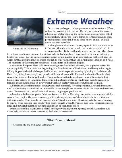Sixth Grade Reading Comprehension Worksheet Extreme Weather Sixth 