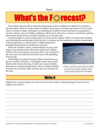 Sixth Grade Reading Comprehension Worksheet What s The Forecast 
