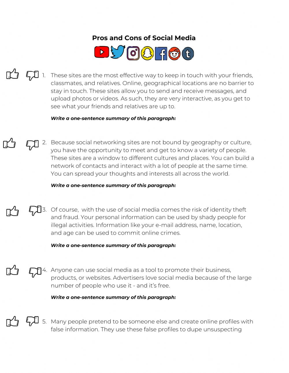 Social Media Pros And Cons Reading Comprehension Worksheet