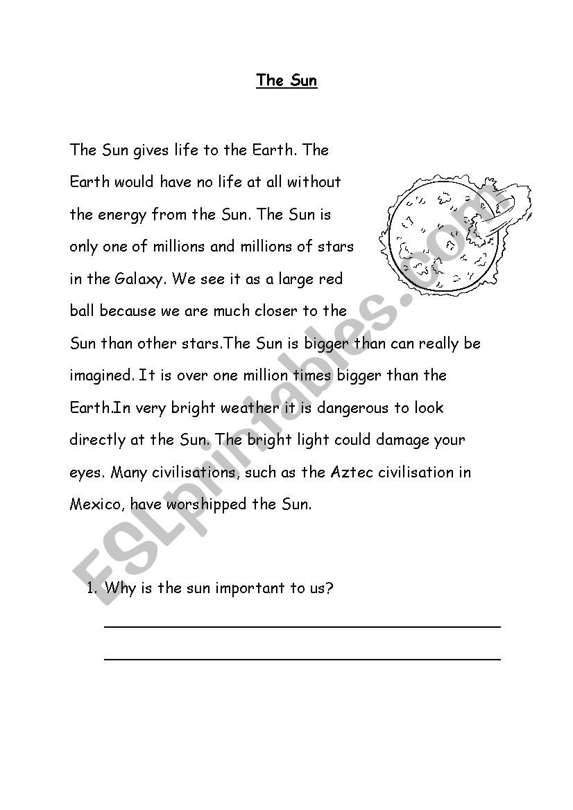 Sun Reading Comprehension ESL Worksheet By Donotbugme