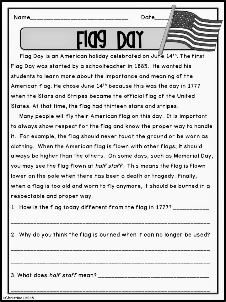 Flag Day Reading Comprehension Worksheets