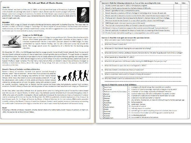 The Life And Work Of Charles Darwin Reading Comprehension Worksheet 
