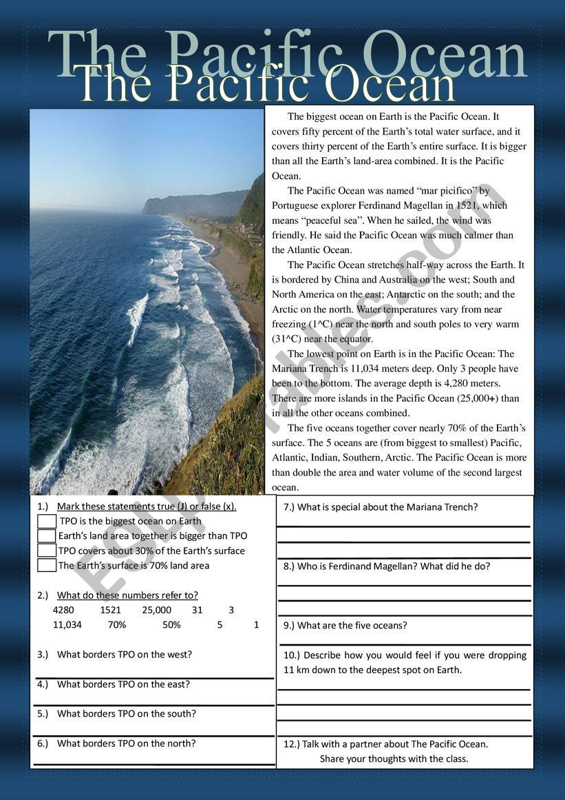 The Pacific Ocean Reading Comprehension Practice Exercises ESL 