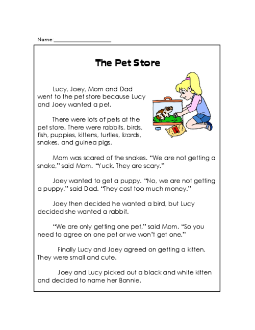 The Pet Store Reading Comprehension KidsPressMagazine Reading 
