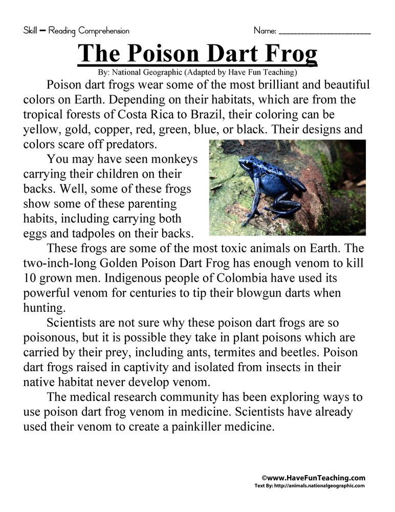 The Poison Dart Frog Reading Comprehension Worksheet Have Fun Teaching