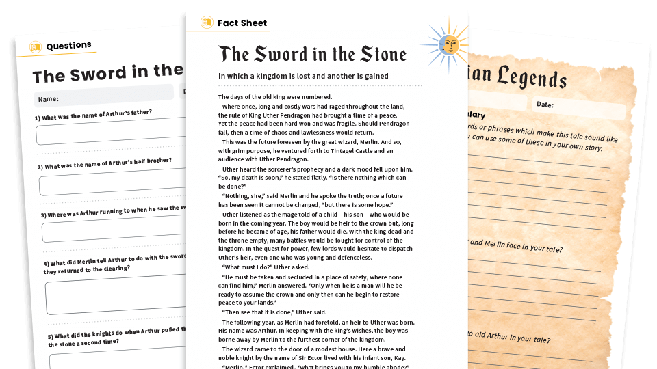 The Sword In The Stone KS2 Reading Comprehension Worksheets Myths 