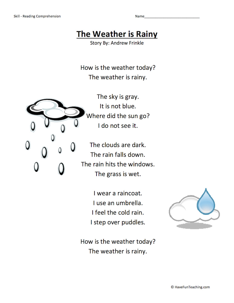 The Weather Is Rainy Reading Comprehension Worksheet Have Fun Teaching