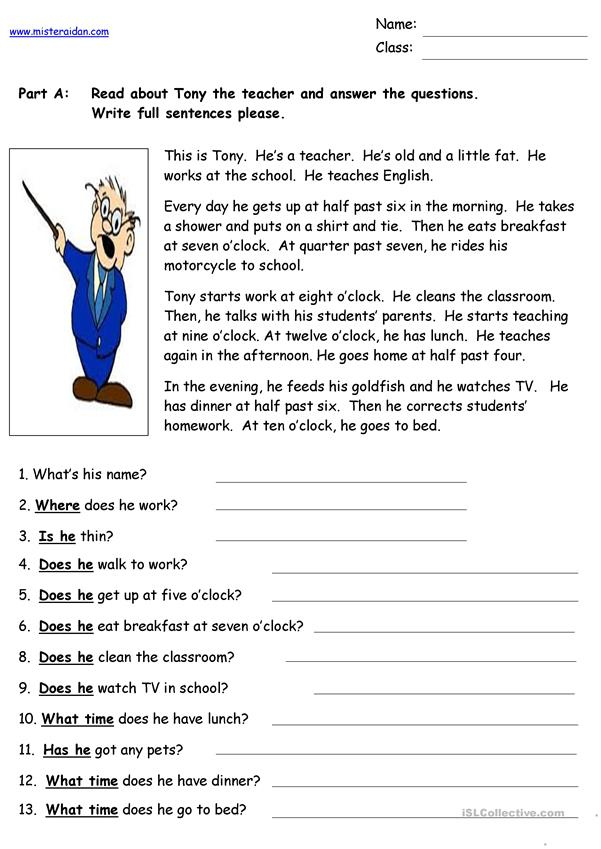 Tony The Teacher Reading Comprehension Worksheet Free ESL Printable 
