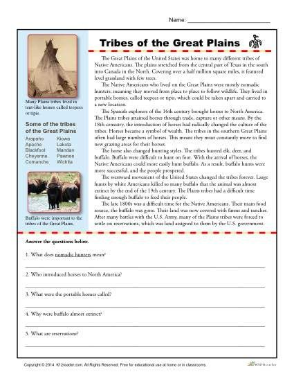 Tribes Of The Great Plains Printable Comprehension Activity Native 