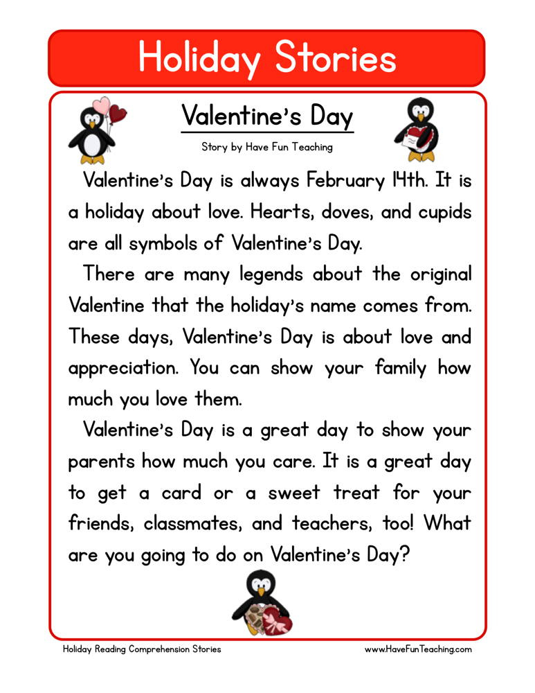 Valentine s Day Reading Comprehension Worksheet Have Fun Teaching