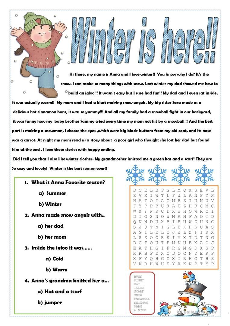 Winter Is Here Reading Comprehension Worksheets Reading 