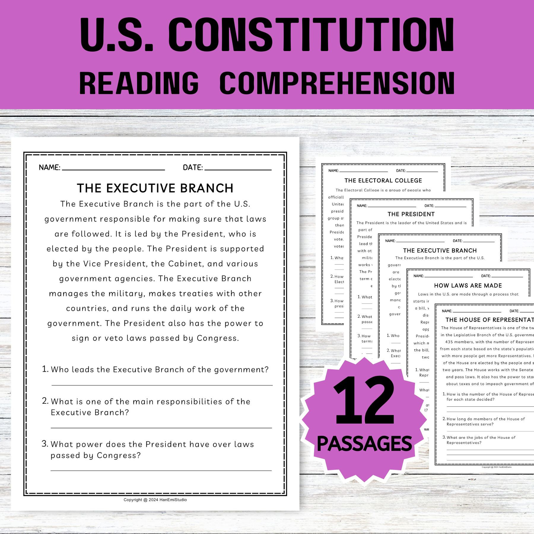12 Arbeitsblätter Zum Leseverständnis Der Us Verfassung; 4.Klasse regarding American Government Reading Comprehension Worksheets