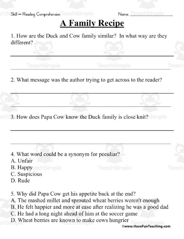 Recipe Reading Comprehension Worksheets