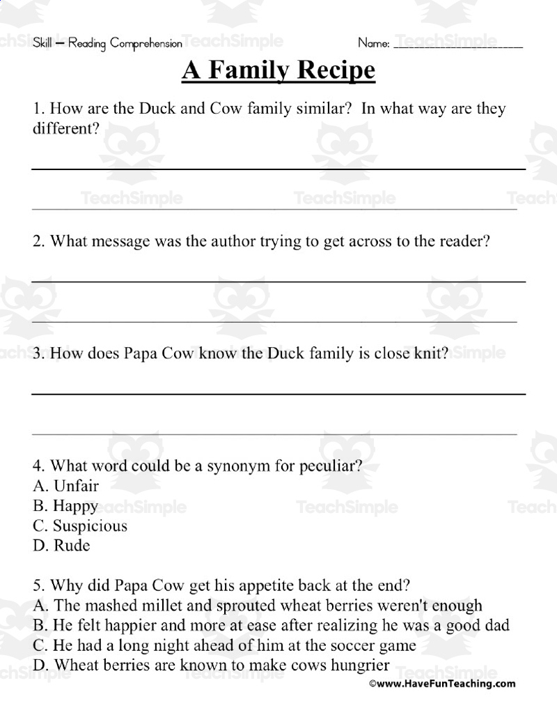 A Family Recipe Reading Comprehension Worksheetteach Simple in Recipe Reading Comprehension Worksheets
