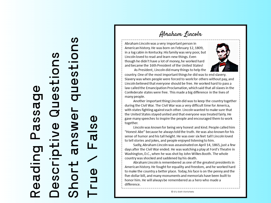 Abraham Lincoln Biography Reading Comprehension Passage Printable in Reading Comprehension Worksheets Abraham Lincoln