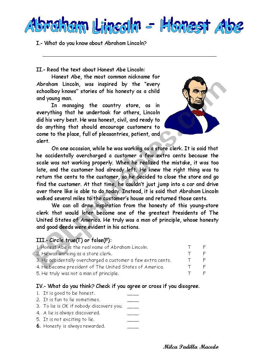 Abraham Lincoln- Honest Abe - Esl Worksheet1000K! regarding Reading Comprehension Worksheets Abraham Lincoln