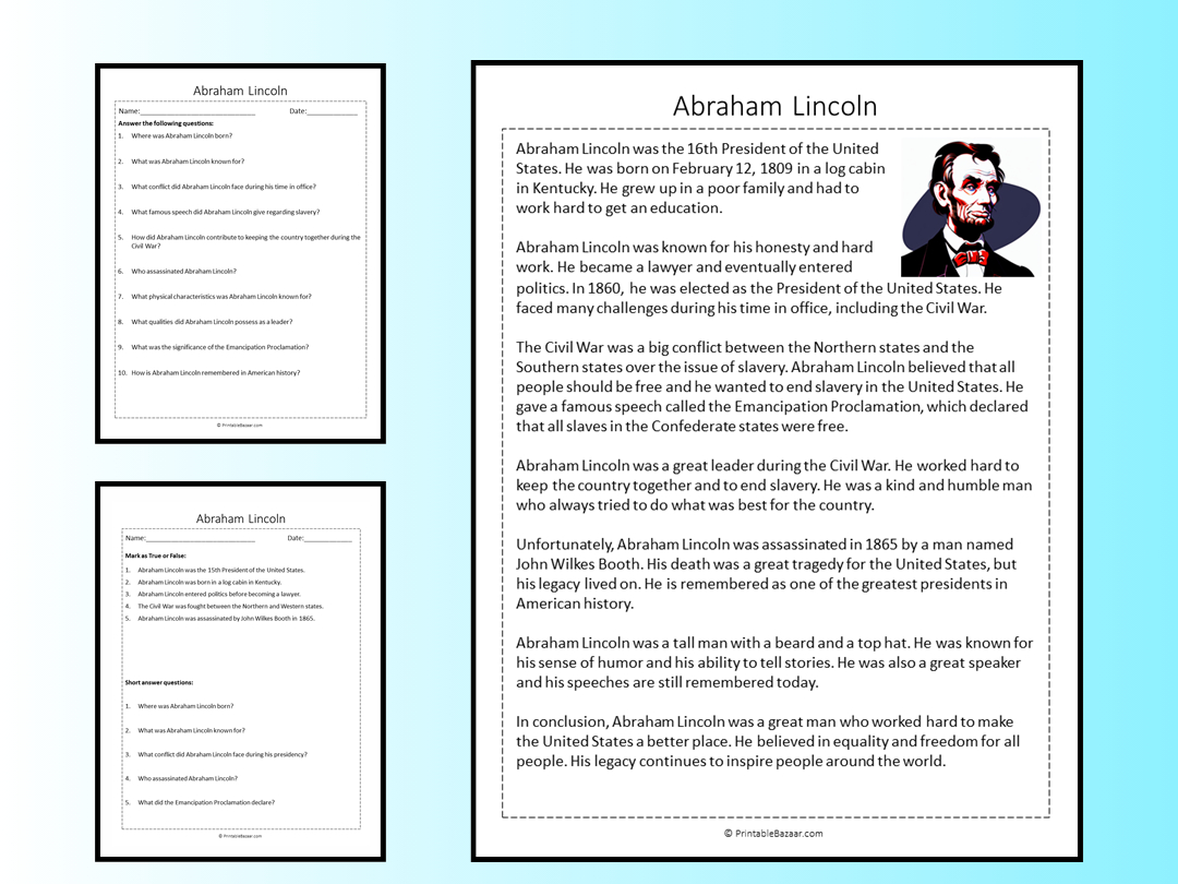 Abraham Lincoln Reading Comprehension Passage Printable Worksheet pertaining to Reading Comprehension Worksheets Abraham Lincoln