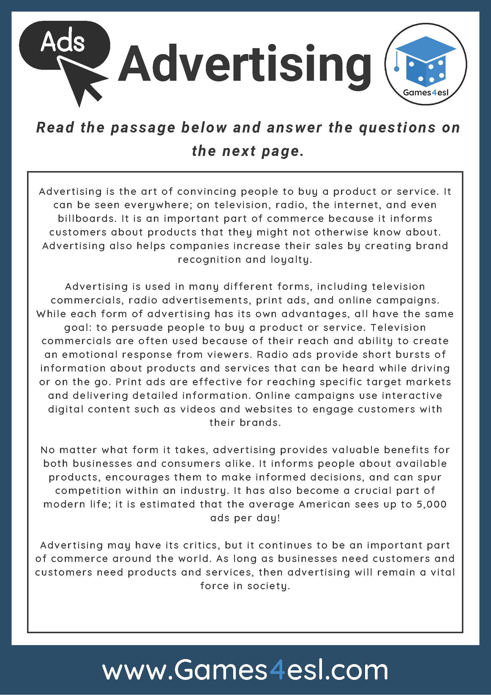 Advertising - Reading Comprehension Worksheet | Games4Esl for Reading Comprehension Advertisement Worksheet