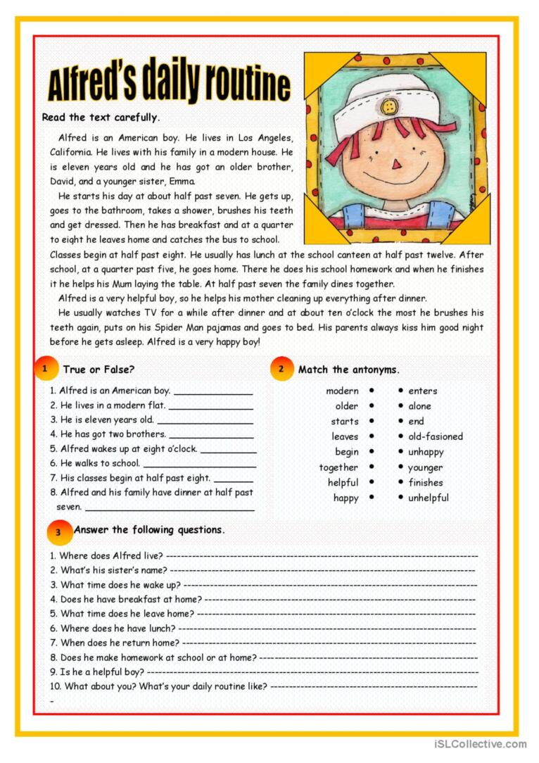 Alfred&amp;#039;S Daily Routine Reading For D…: English Esl Worksheets Pdf for Reading Comprehension Worksheets Daily Routines