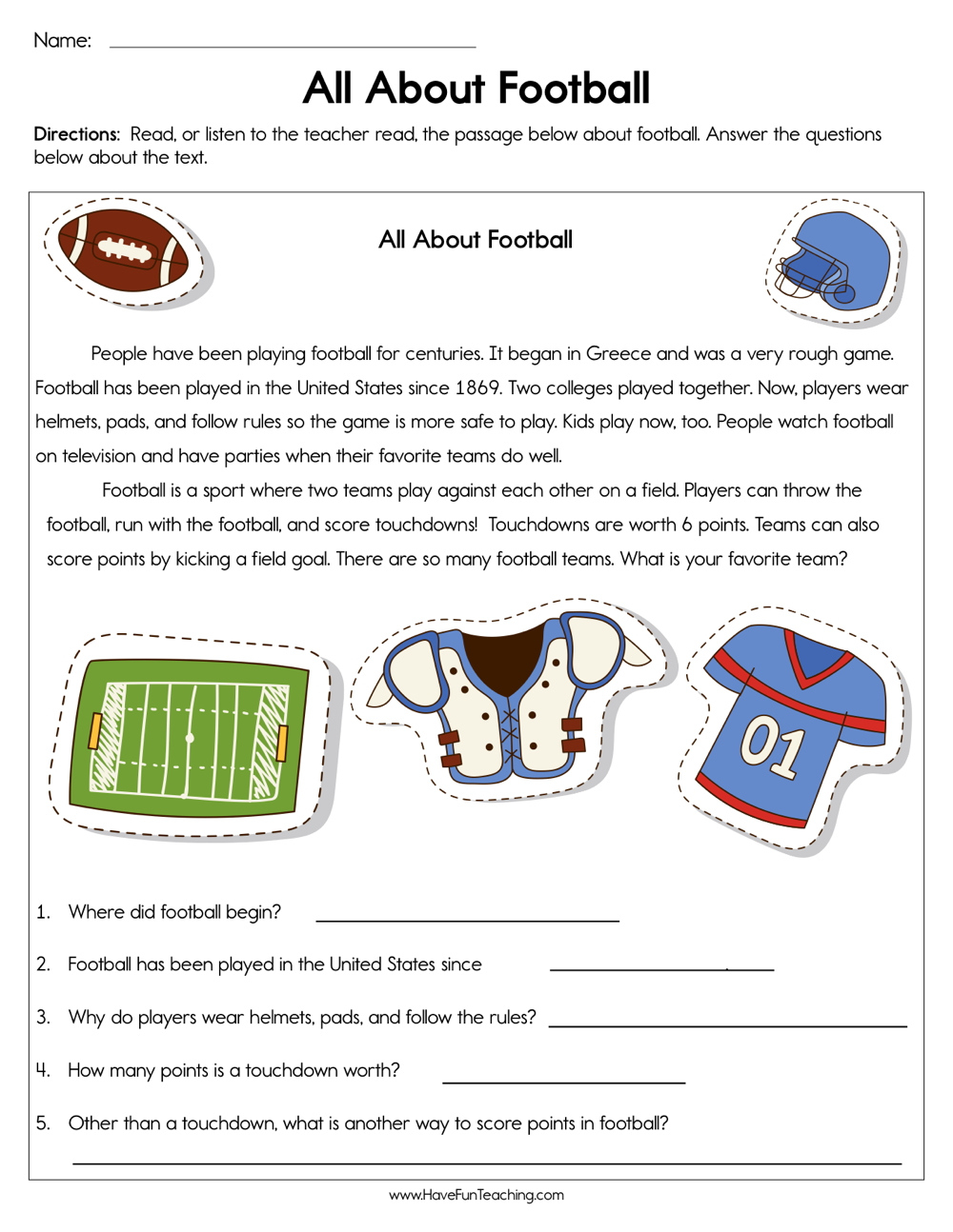 All About Football Worksheet - Have Fun Teaching intended for Football Reading Comprehension Worksheets