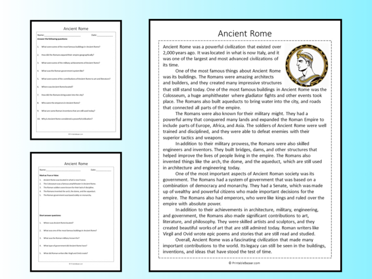 Ancient Rome Reading Comprehension Worksheets