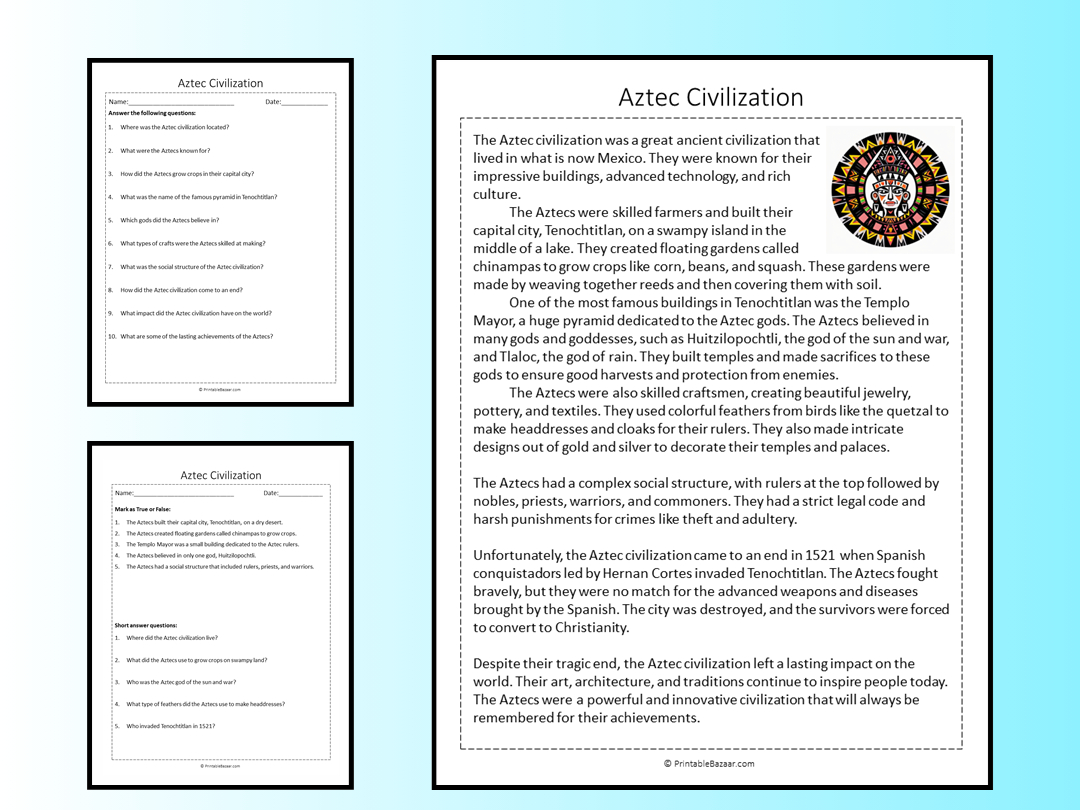 Aztec Civilization Reading Comprehension Passage Printable with regard to Aztec Reading Comprehension Worksheets