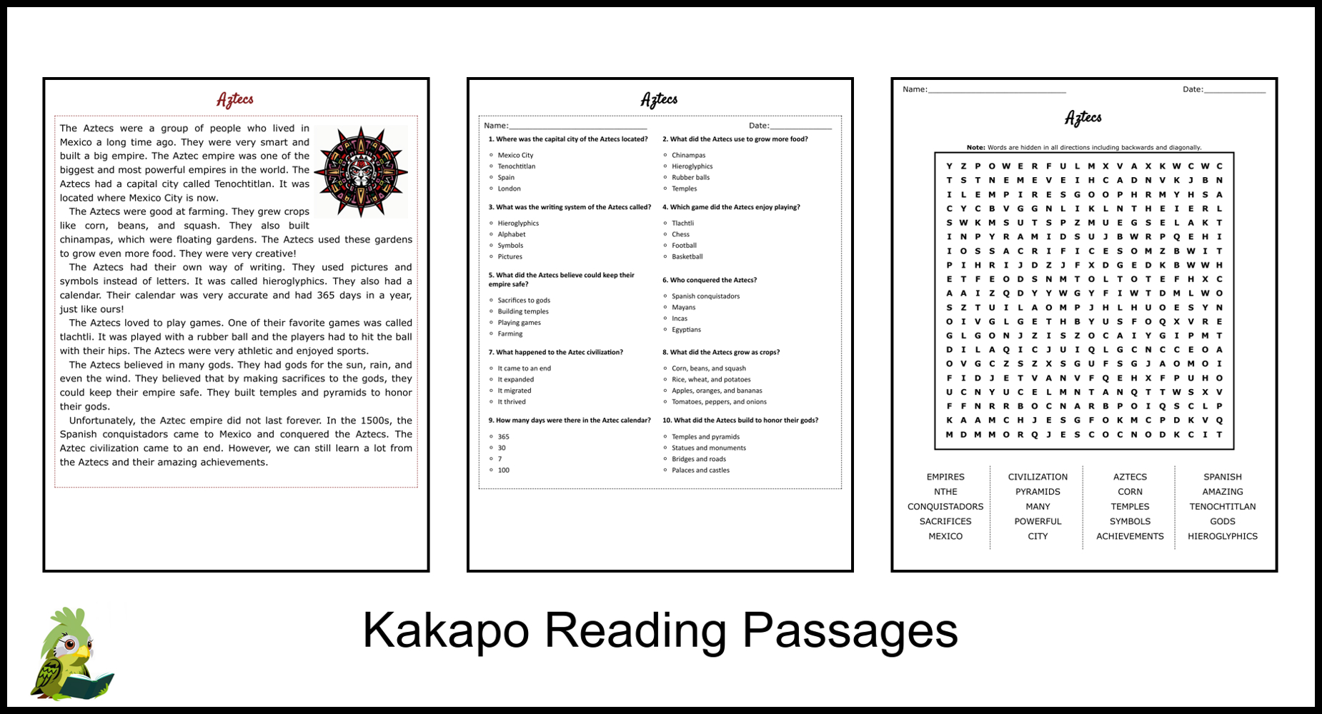 Aztecs Reading Comprehension And Word Search | Teaching Resources throughout Aztec Reading Comprehension Worksheets