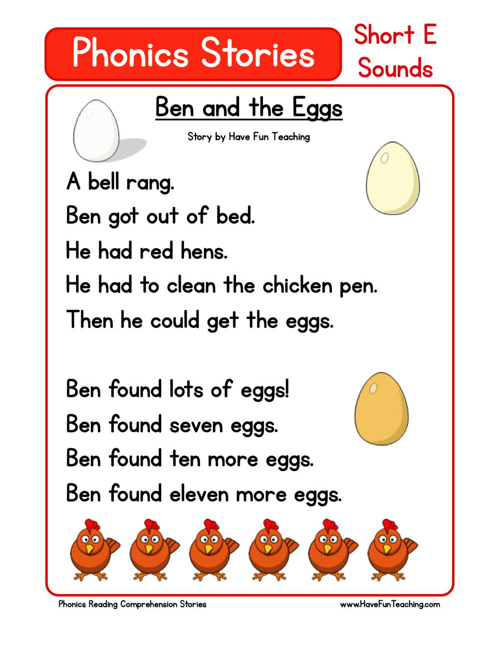 Ben And The Eggs Phonics Reading Comprehension Story Worksheet regarding Short Vowel Reading Comprehension Worksheets