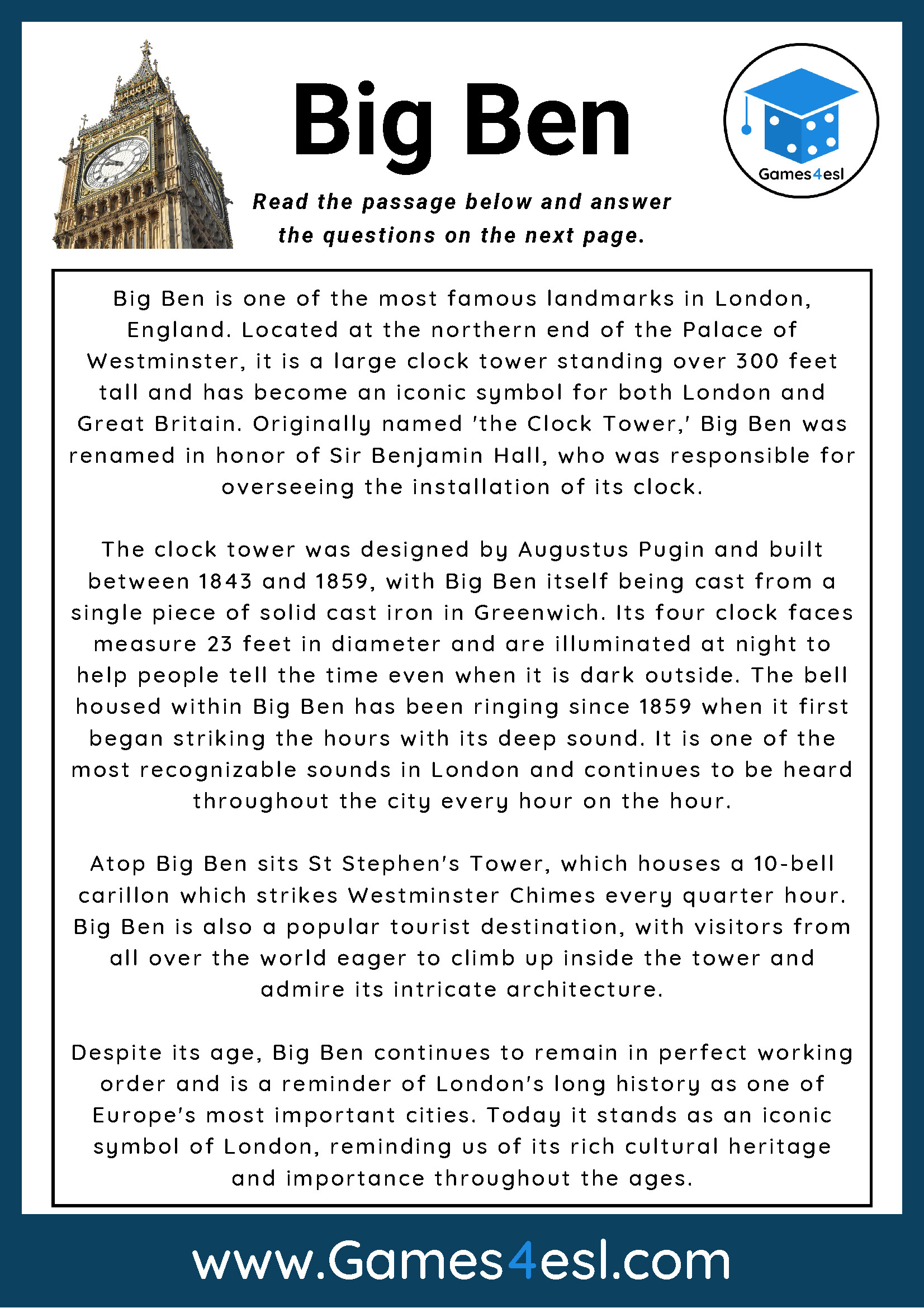 Big Ben - Reading Comprehension Worksheet | Games4Esl pertaining to Ks2 Reading Comprehension Worksheets