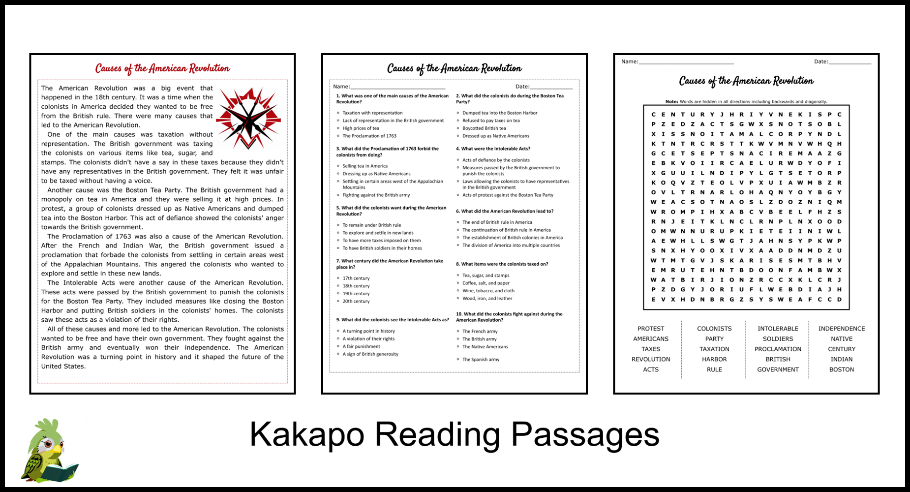 Causes Of The American Revolution Reading Comprehension And Word regarding American Revolution Reading Comprehension Worksheets